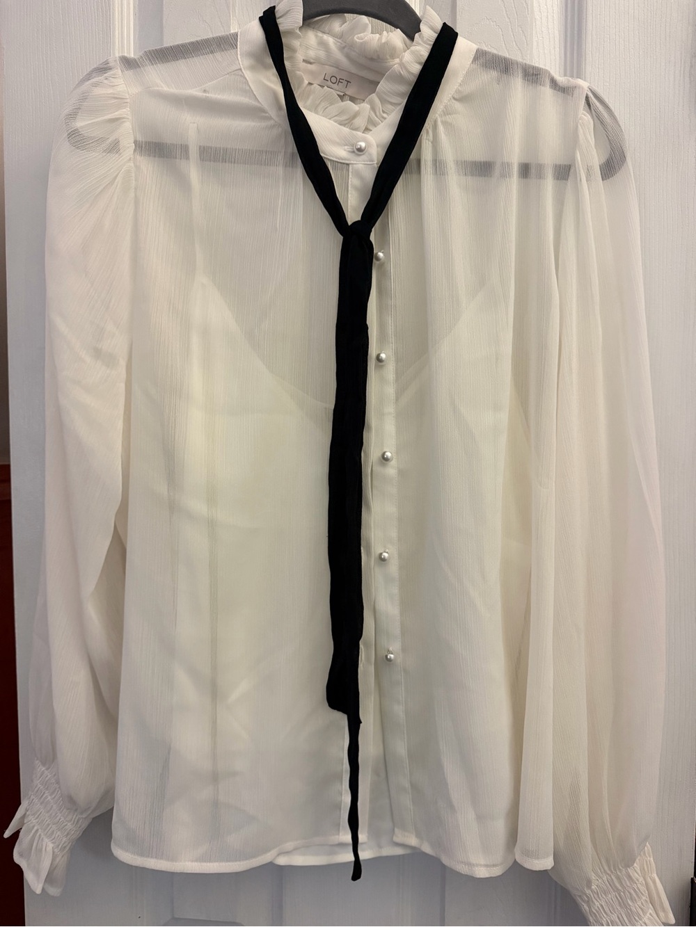 LOFT Cream Sheer Blouse with Black Neck Tie Accent